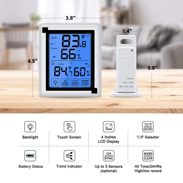 Fugtighedsmåler & Hygrometer - Trådløst Indendørs Udendørs Termometer med 1 Fjernsensor - Rumtermometer til Hjemmet