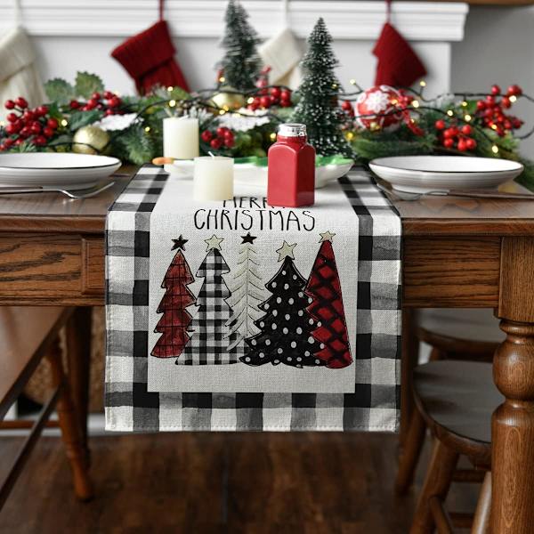 Akvarel Buffalo Plaid Juletræer Bordløber 13x108in