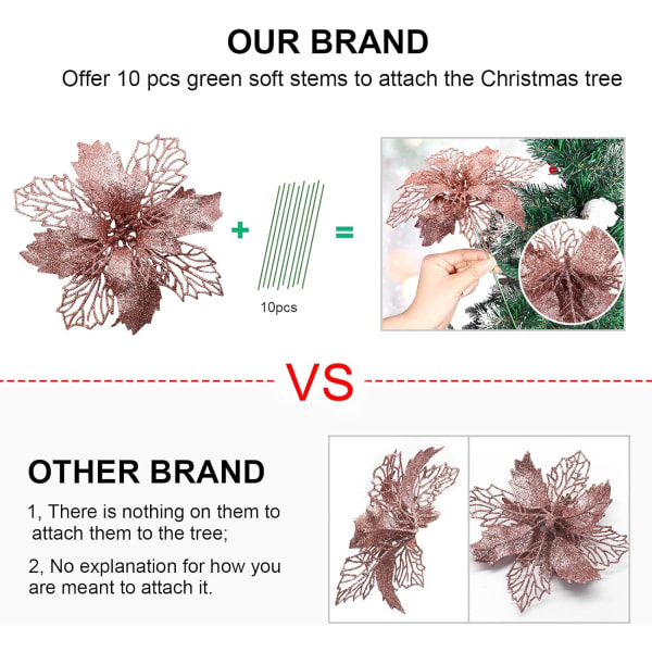 10 kpl Joulukukkia Suuret Joulutähdet Glitter-Kukka Joulukuusi Ripustus Juhla Xmas Koriste
