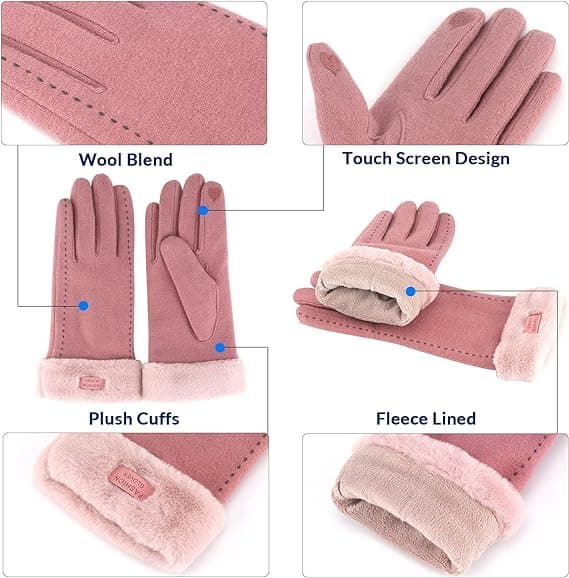 Vinterhandskar för kvinnor med pekskärm, ull, fleecefoder, tjocka och varma Pink
