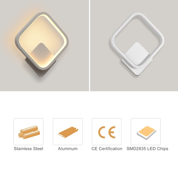 Vegglampe LED firkantet vegglampe 12W varm hvit 3000K
