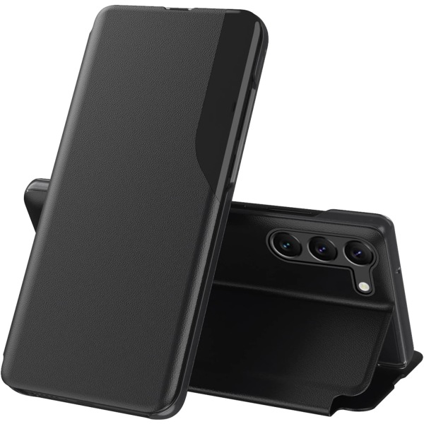 Klart Vindue Etui med Magnetisk Lukning PC + PU Læder Bog Stil Støtteben Stødsikkert Beskyttelsescover til Samsung S23 Black S23