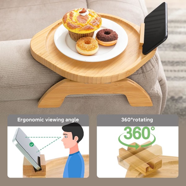 Bambussofaarmbakkebord med roterende mobilholder, stabil sofaarmlæn, clip-on sofabakkebord til brede sofaer