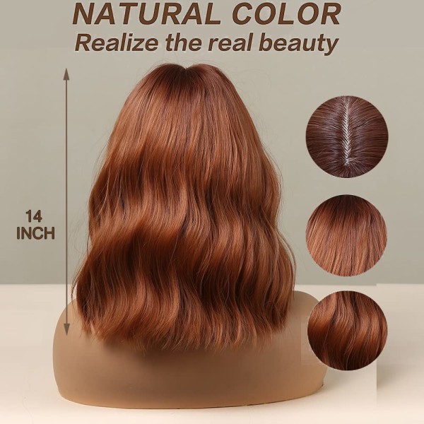 14 tums kort rödbrun peruk med lugg för kvinnor