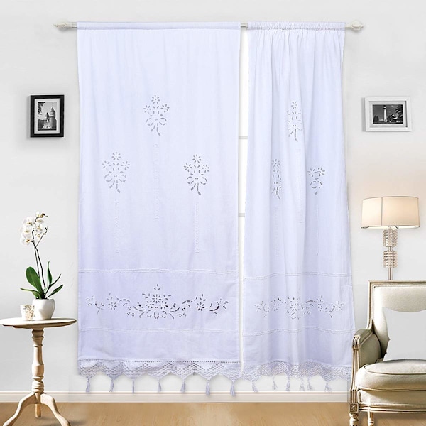 Vit Broderad Köksgardin i Bomull, Cafégardin, Matsalsgardin med Kroktofsfrans 70x150cm (Vit 2 Paneler)