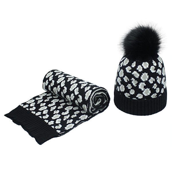 Damhatt och Scarfs Set, Leopardmönstrad Fleece Pom Pom Mössa Black