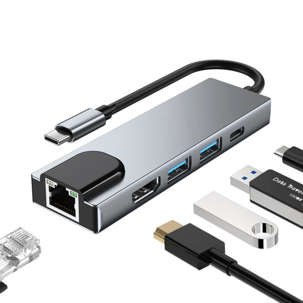 5 i 1 USB C dockningsstation, typ C till HDMI-adapter, RJ45 Ethernet, 4K HDMI, 100W PD, 2 USB 3.0 kompatibel med MacBook Pro /Air och Type C-enheter