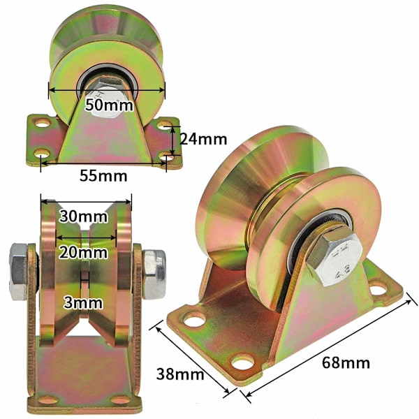 4 kpl V-urapyörää, 50 mm liukuporttipyörät, 300 kg per rulla