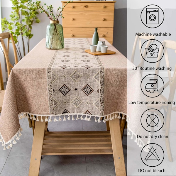 Rektangulær duk i lin og bomull, firkantsting med dusker, vaskbare duker (140x180cm)
