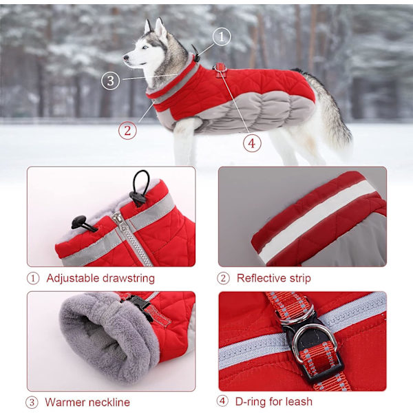 Vattentät Hund Varm Jacka för Små, Mellanstora och Stora Hundar, Reflekterande Husdjur Kalla Väder Kläder Vindtät Valp Fleecefodrad Väst med Sele, XL Red XL