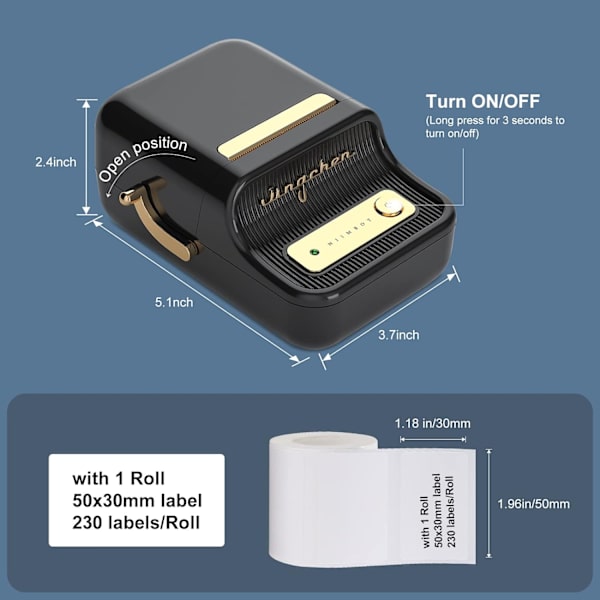 B21 Etiketprinter, Bluetooth-mærkningsprintet med stregkoder, udskrivningsstørrelse 20-50 mm, med 1 rulle startpapir