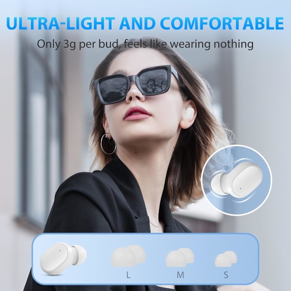 Trådløse ørepropper, Bluetooth 5.3 In-Ear Hodetelefoner, Stereo Lyd, En-Trykkstyring, Enkel Paring, 30 Timer Spilletid, LED-Skjerm