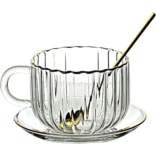 Græskarformet glas kaffekrus med underkop og ske, 14,5oz glas tekande med guldrand
