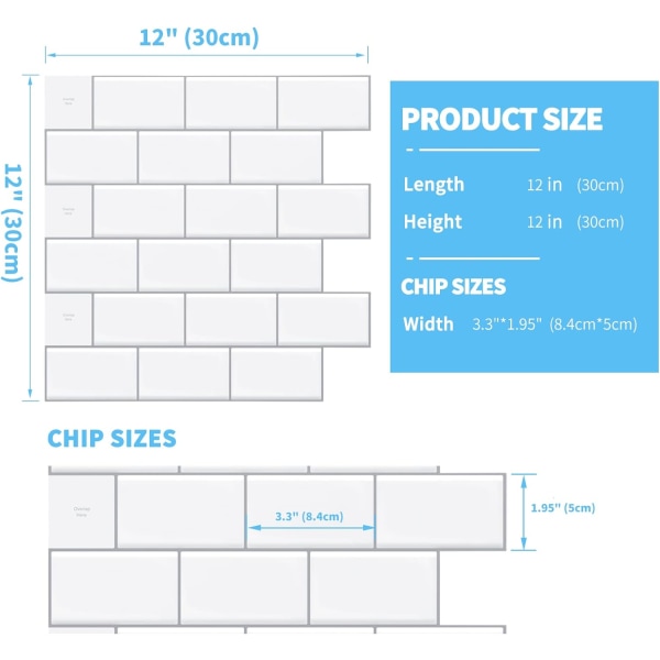 12\"x12\" Klistremerker, Skrell og Lim Subway Fliser Bakplate, Blanke Hvite Selvklebende Veggfliser 5-pakning