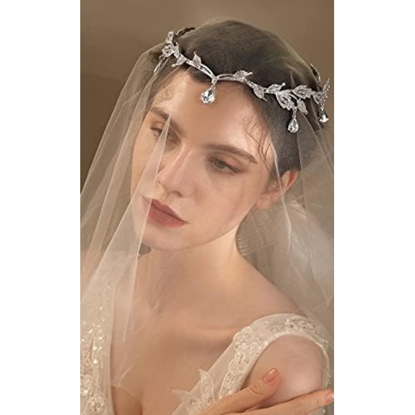 Gudinne Tiara, Älvprinsessa Tiara, Kristall Strass Bröllop Hårband, Kristall Pärla Pannsmycke (16.5Lx4H CM) White