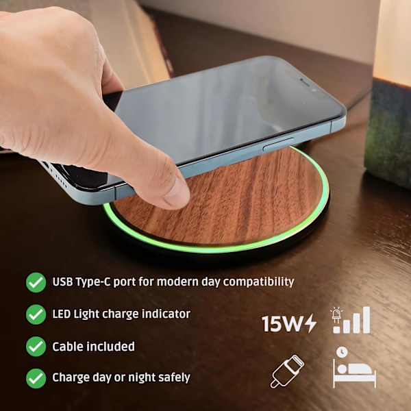 15W Rask Trådløs Lader Naturlig Tre Kompatibel med iPhone 15 14 13 Samsung Galaxy S24 S23 AirPod