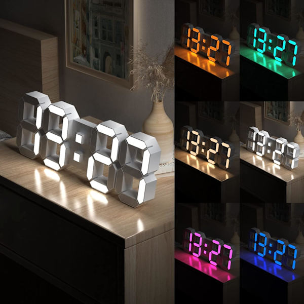 15\" Flerfarget LED Digital Veggklokke APP-styrt, 3D, med 5 nivåer Lysstyrke/Tid/Dato/Temperaturvisning
