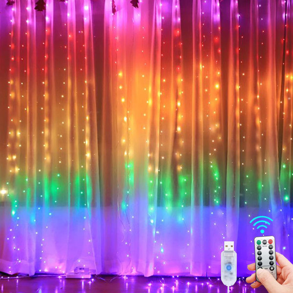 Indendørs lysstreng, 3×3m, 300 LED'er med 8 tilstande (flerfarvet)