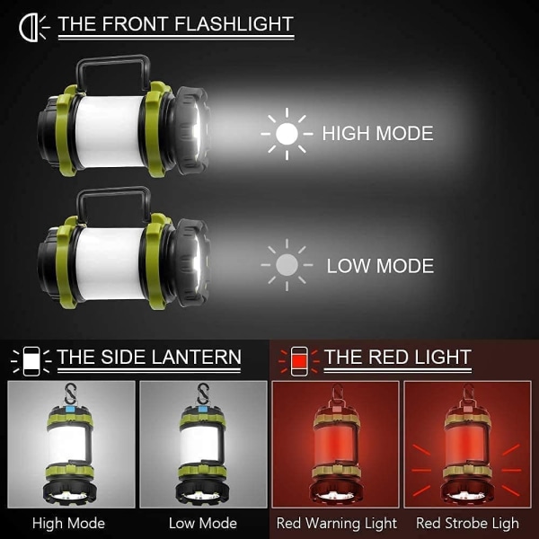 Oppladbar campinglanterne, håndholdt campinglykt 3000 lumen med 6 lysmoduser, 5000 mAh for orkanberedskap, overlevelsessett, fotturer, hjem