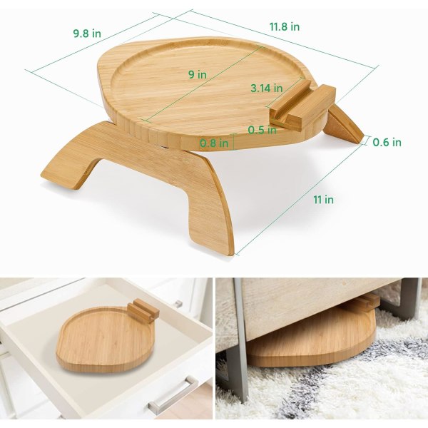 Bambussofaarmbrettbord med roterende mobilholder, stabilt sofaarmlen, clip-on sofabrettbord for brede sofaer