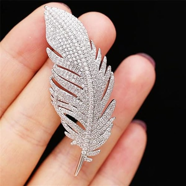 Rhinestone Feather Brosch Pin för Kvinnor Män Mode (Vit)