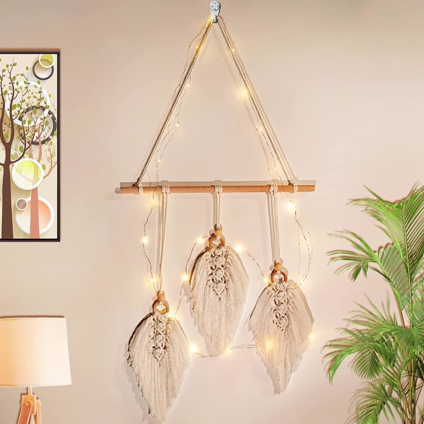 Väggbonad, Handvävd Boho Väggdekoration, Boho Stil Dekoration för Vardagsrum, Sovrum, Utomhus, Inomhus, Bröllopsdekoration, med LED-Ljusslinga