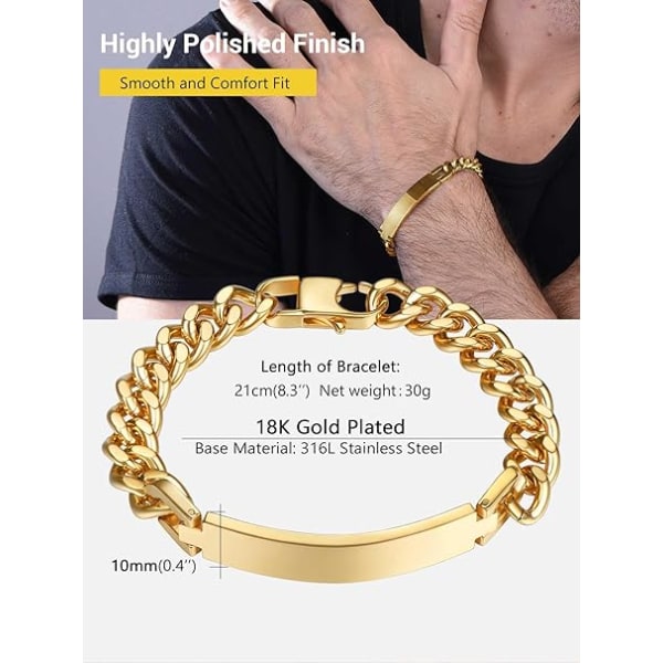 Personligt armband för män, ID-armband, guldpläterat/316L rostfritt stål