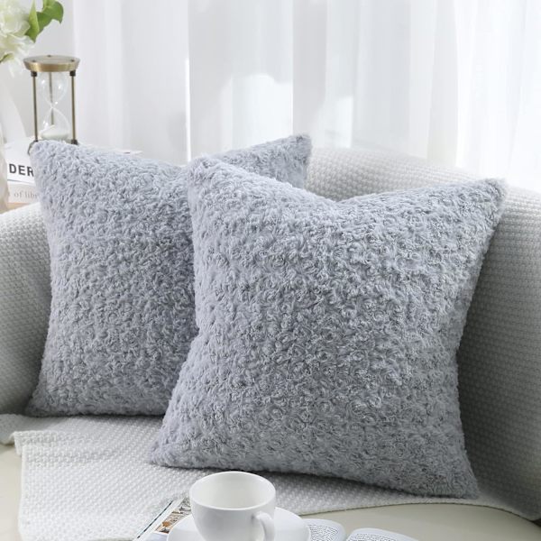 Set med 2 Pälskuddfodral Dekorativa Konstpäls Plysch Fluffig Kvadratisk Neutral Kuddfodral för Soffa, Ljusgrå, 45x45cm