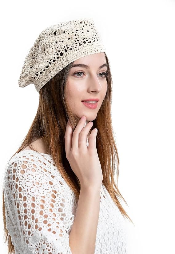 Sommerhatt i bomullshekling for kvinner, håndlagde lette retro-bereter Off-white