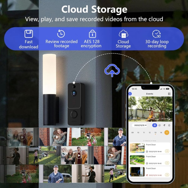 Dörrklockakamera Trådlös videodörrklocka med ringsignal, HD-video, 2-vägsljud, PIR-rörelsedetektion, IR nattseende, 2,4G WiFi, molnlagring