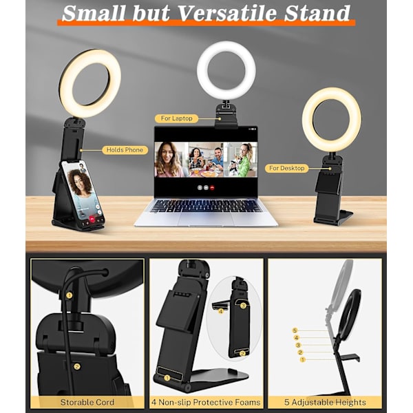 5'' Laptop Selfie Ringlys med Stativ - Mini Bord LED Telefon Ringlys med Dæmpbar 5 Tilstande 10 Lysstyrke Niveau til Makeup Streaming Webcam