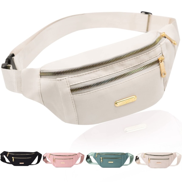 Fanny Pack - Moderigtig Bæltetaske Casual Rejsetaske Bum Bag med 3 Lynlåslommer til Kvinder Mænd Sportsløb Vandreture Jogging (Beige)