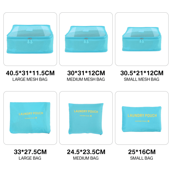 6PCS Reisearrangør Pakkekuber Sett Holdbare Reisebagasjearrangører Koffertoppbevaringsposer Kompresjonsposer for Reisetilbehør
