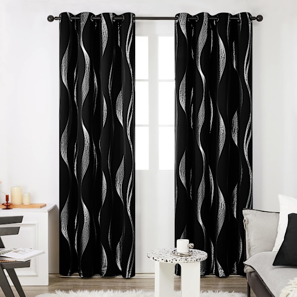 Set med 2 Silverfärgade Gardiner Linjemönster Mörkläggande Inomhus Vardagsrum Matsal Sovrum Gardin Värmeisolerande Anti Kyla med Öglor 132x213cm Svart