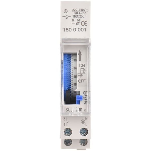 24-timers mekanisk timer, 15-minutters minimum timer, skinnemontering, indbygget batteri