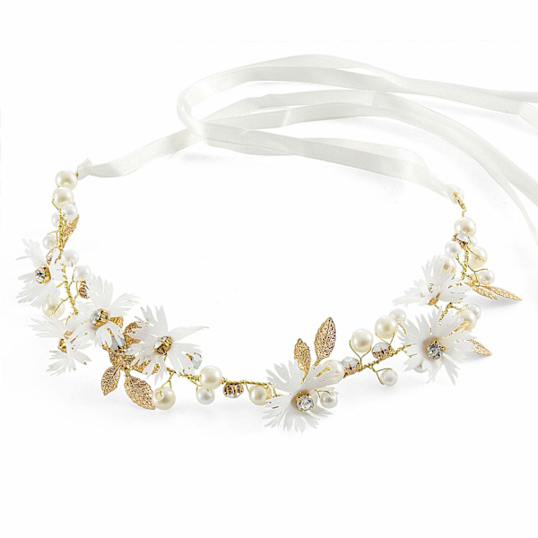 Blomsterhodeband brudeblomsterkrans med kunstige blader, blomster og perle-strass blomsterhårbånd brude bryllup hårtilbehør for kvinner