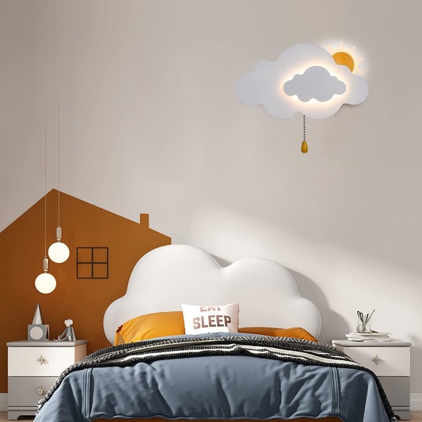 Vägglampa för barn med strömbrytare, molnformad vägglampa i sovrummet inomhuslampa för flicka, pojke sovrum, vit