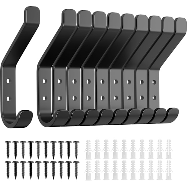 10-pack väggkrokar för att hänga kappa: 10KG stark metallkrok med skruv, individuella galgar för kläder handduk, för badrumsdörr, svart 10cm