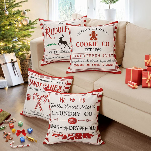 Julkuddfodral 18x18 tums set med 4 rödrandiga rustikt case för soffa juldekorationer