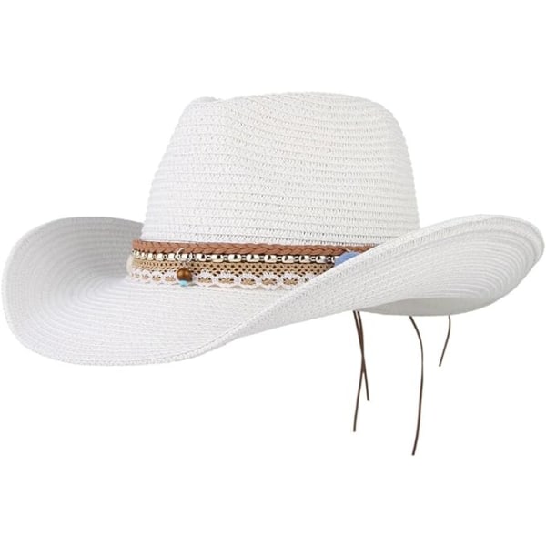 Sommer Cowboy Cowgirl Hat Unisex Roll up BrimWestern Cowboy Hat Straw Beach Cap, hvit