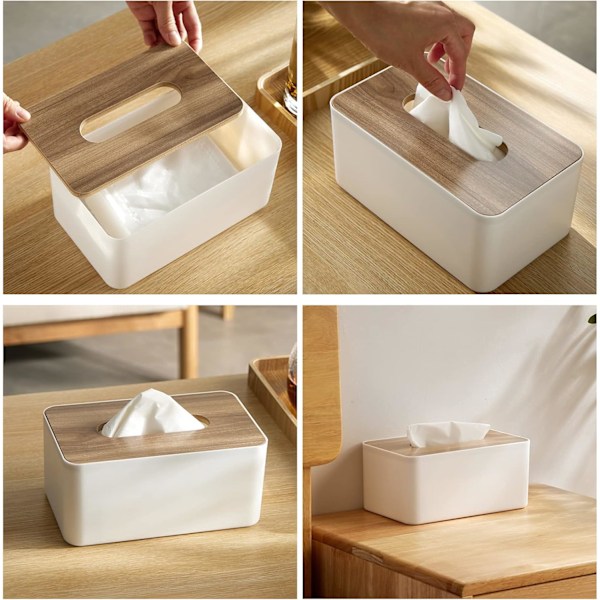 Vevboks med bambustopp, rektangulær, plast, 21 * 13 * 9,5 cm, vevdispenserboks for stue, kontor, bil, bad (hvit)