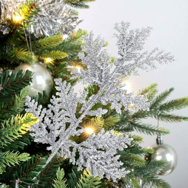 Juletræfjerpynt, 10 STK Glitterpulver kunstigt juletræsfyrblade velegnet til sæsonbestemt dekoration