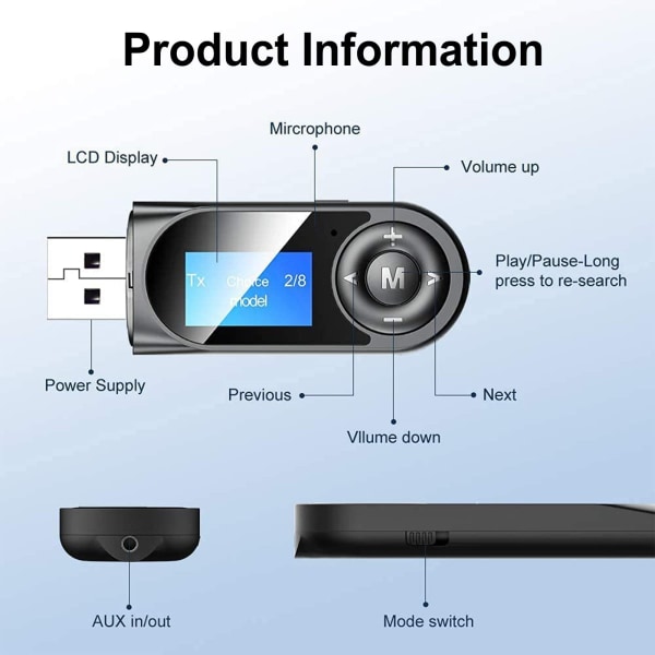 5.0, 2-i-1 Bluetooth-lydadapter med synlig LCD-skjerm