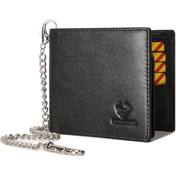 Mens Wallet with Chain Genuine Leather Purse RFID Blocking Bifold Wallet with ID Window Card Slots, Black