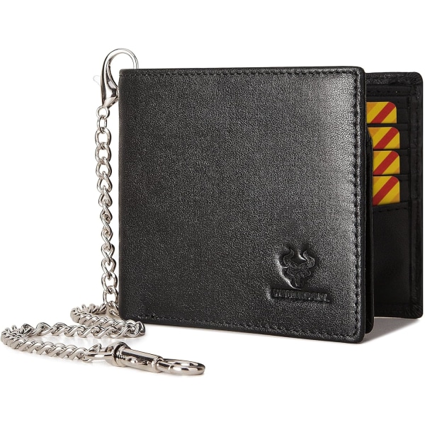 Miesten lompakko ketjulla aitoa nahkaa oleva kukkaro RFID-estävä kaksiosainen lompakko ID-ikkunan korttipaikalla, musta