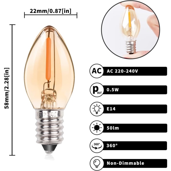0,5W E14 LED-filamenttikynttilälamppu C7 Vintage Yövalolamppu, Ruuvattava Amber-lasi Suolavalolamput 5W Vastaava Ei himmennettävä (6-pakkaus)