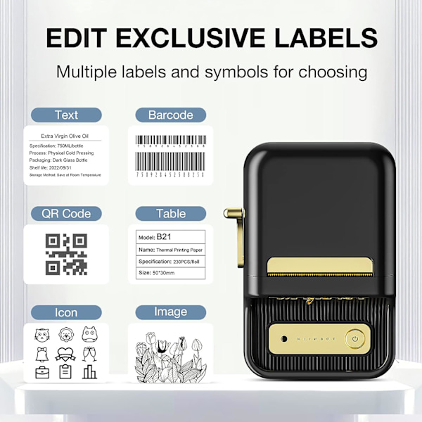 B21 Etiketmaskine, Bluetooth Stregkodeetiketprinter Udskrivningsstørrelse 20-50 mm, Kompatibel med iOS & Android med 1 rulle startpapir i hvid Black