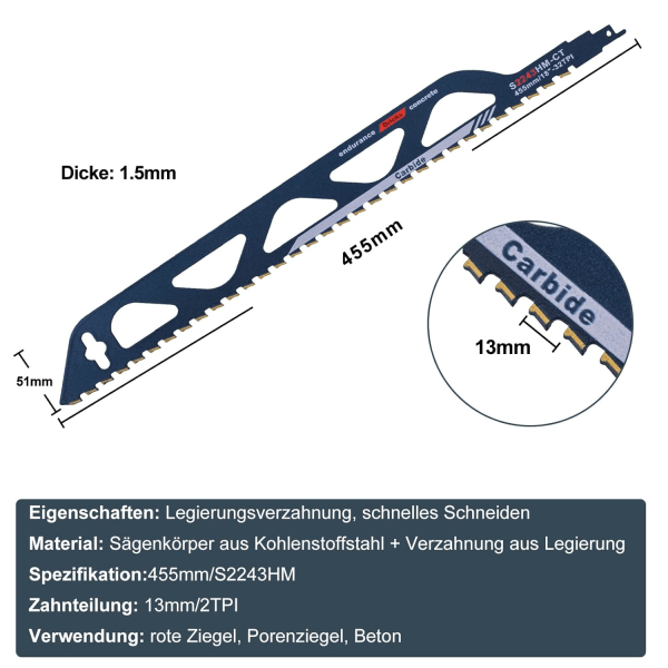 Tungsten Carbide Stålsavklinge, Længde 455mm (S2243HM)