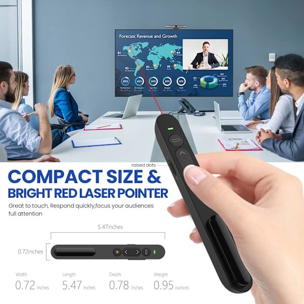 Presentationspickare, Trådlös Presenterfjärrkontroll med Röd Laserpekare, Hyperlänk, Volymkontroll - för Klassrum, Föreläsningssalar, Konferensrum, Utställningshall