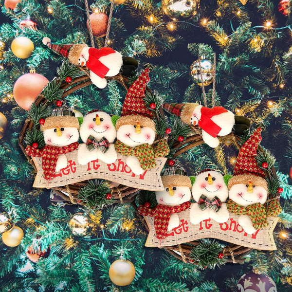 Julepynt, rottingkrans, hengende krans med juleanheng, hengende rottingpynt med julenisse snømanndukke (B)